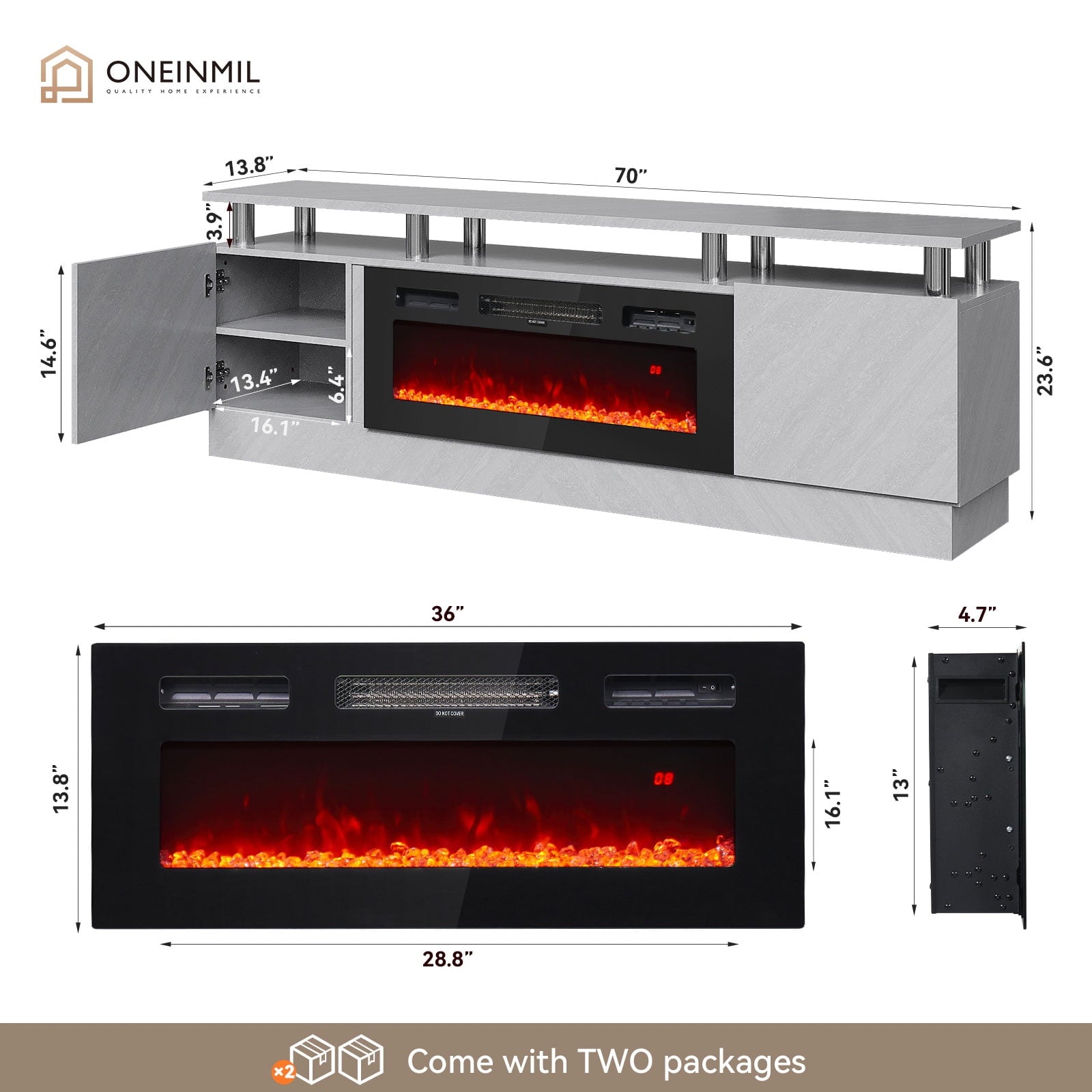 Fireplace TV Stand, Entertainment Center for TVs up to 80", 70" TV Stand with 36" Electric Fireplace, LED Lights Entertainment Center, TV Console, Grey