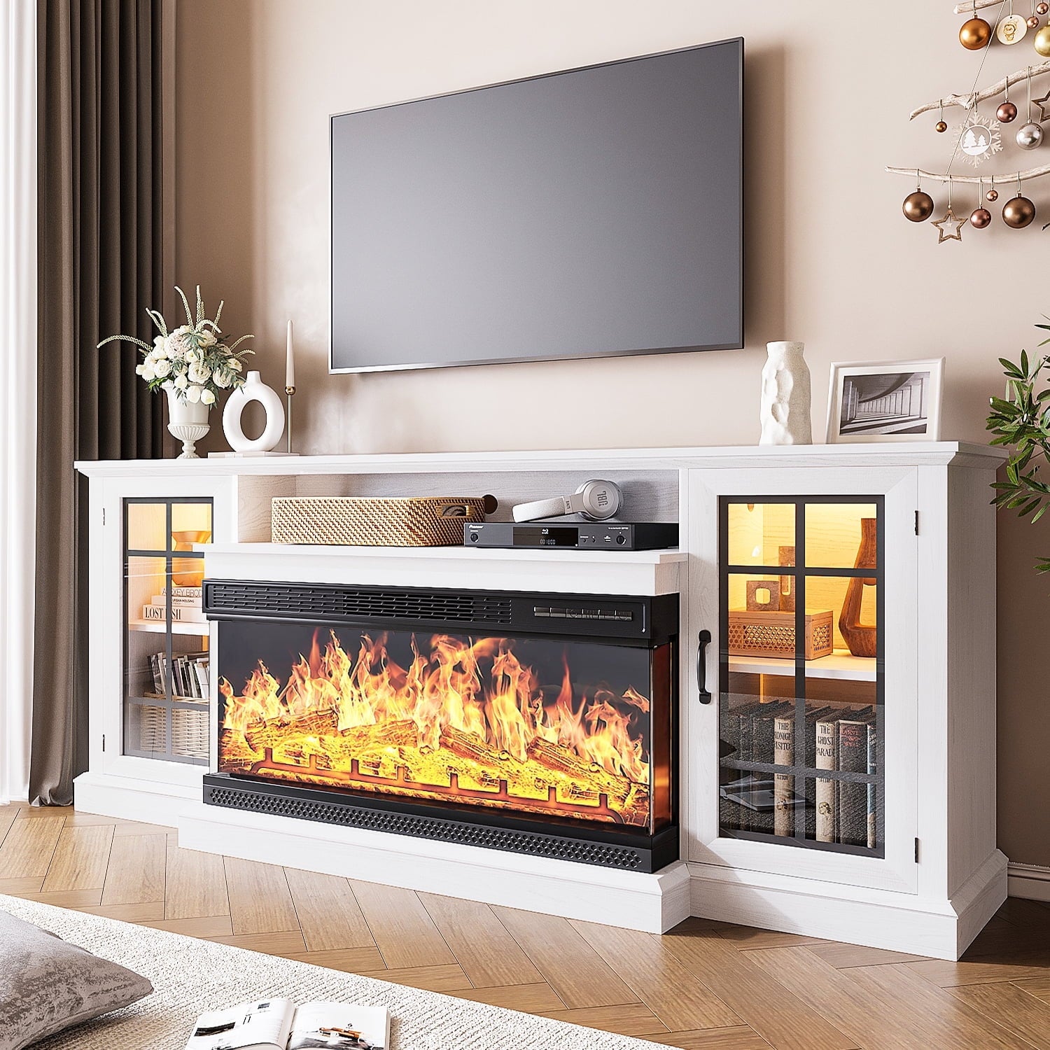 36 Inch Fireplace TV Stand with LED Light, Entertainment Center with 3-Sided Glass Fireplace for TVs up to 80", TV Console, White
