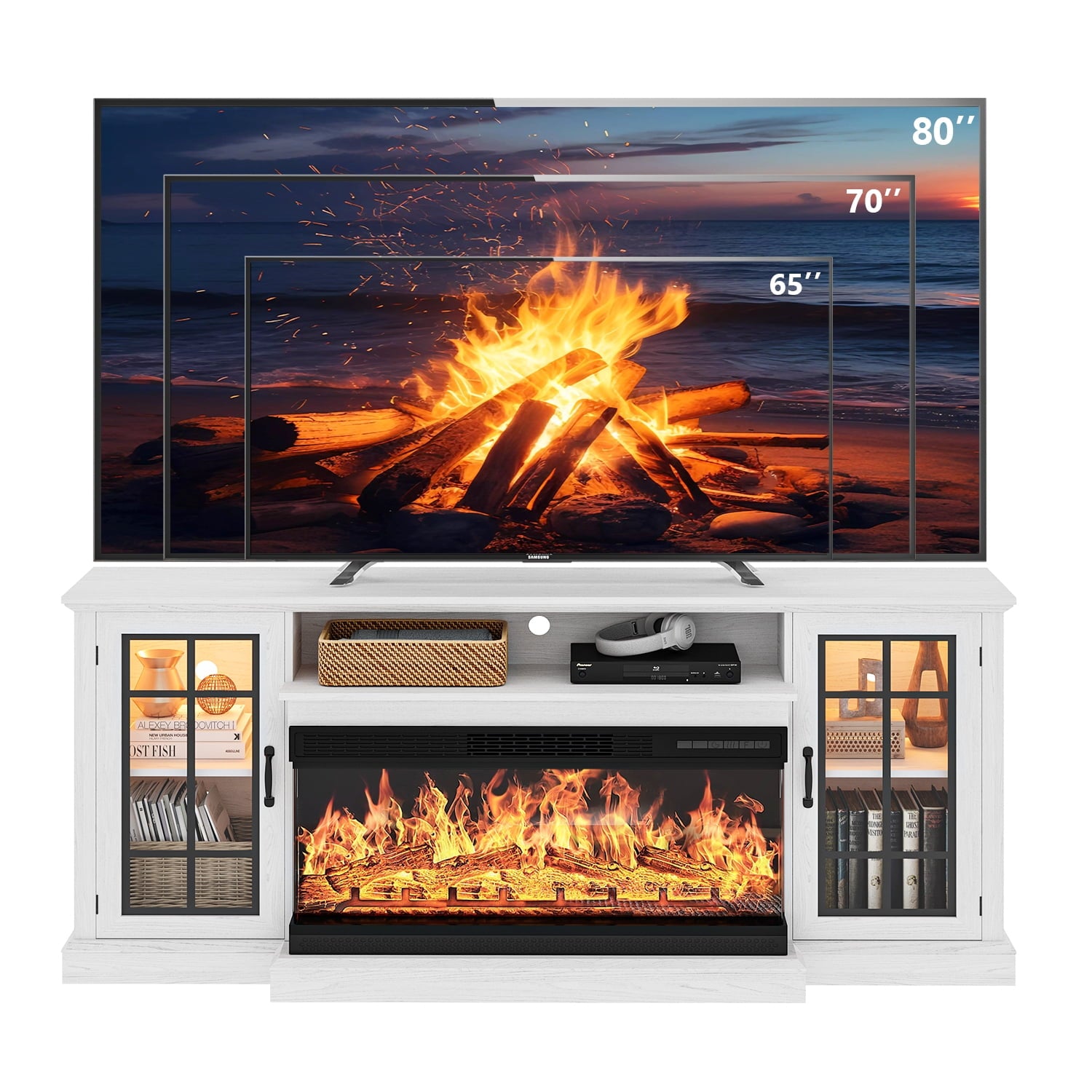 36 Inch Fireplace TV Stand with LED Light, Entertainment Center with 3-Sided Glass Fireplace for TVs up to 80", TV Console, White