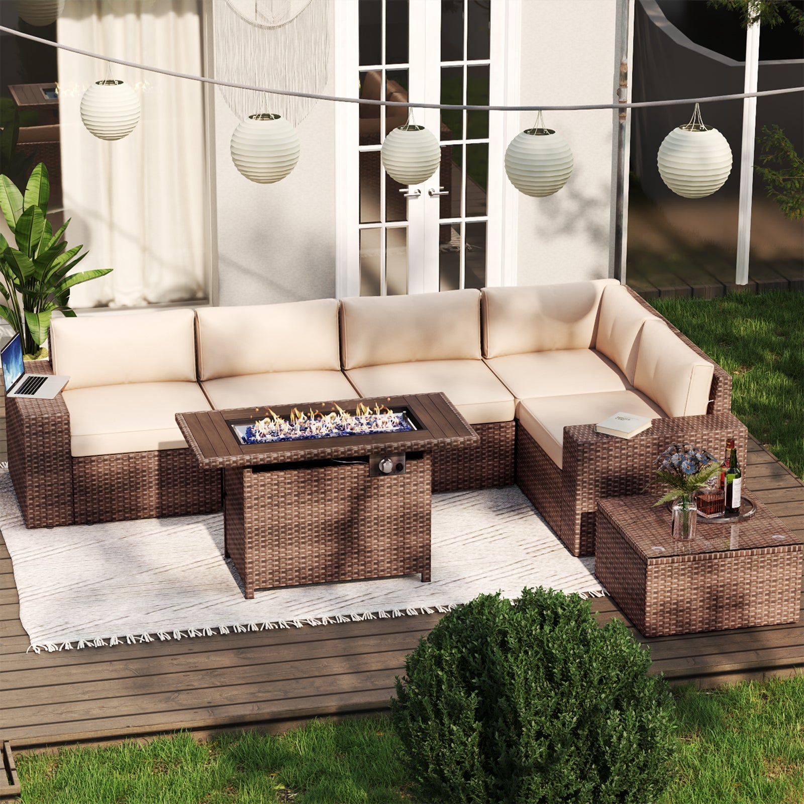 7 PCS Patio Furniture Set with 60000BUT Fire Pit Table（Include Waterproof Cover）, Outdoor PE Wicker Rattan Sectional Sofa Conversation Set, Beige