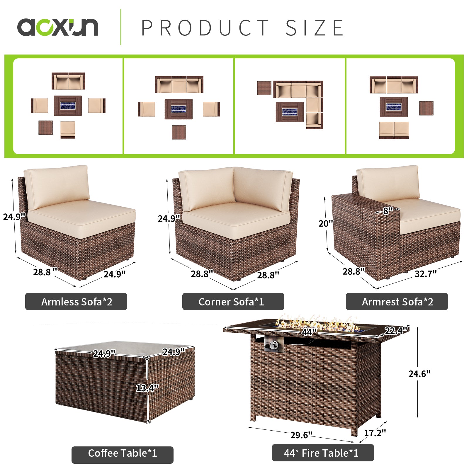 7 PCS Patio Furniture Set with 60000BUT Fire Pit Table（Include Waterproof Cover）, Outdoor PE Wicker Rattan Sectional Sofa Conversation Set, Beige