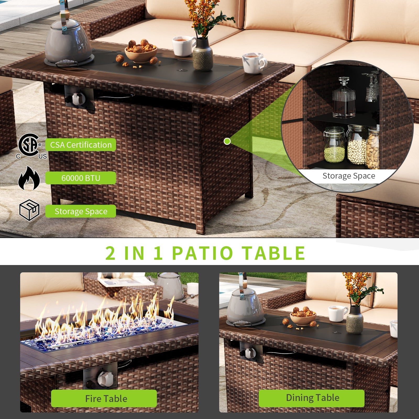 7 PCS Patio Furniture Set with 60000BUT Fire Pit Table（Include Waterproof Cover）, Outdoor PE Wicker Rattan Sectional Sofa Conversation Set, Beige