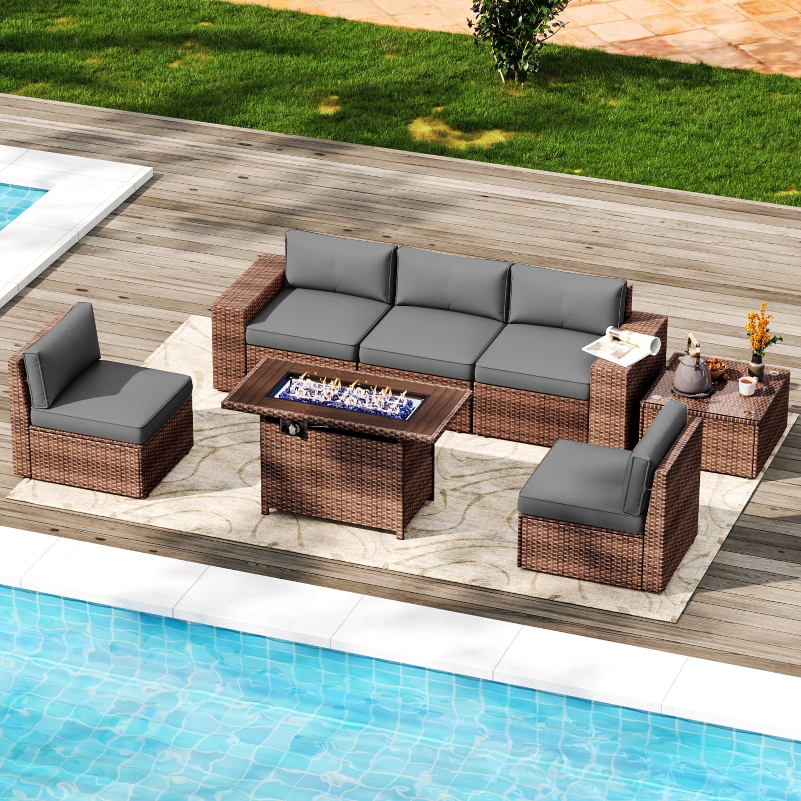7 Piece Patio Furniture Set with 44'' Fire Pit Table（Include Waterproof Cover）, Outdoor Sectional Sofa, PE Rattan Patio Conversation Set with Red Cushion and Coffee Table-Gray