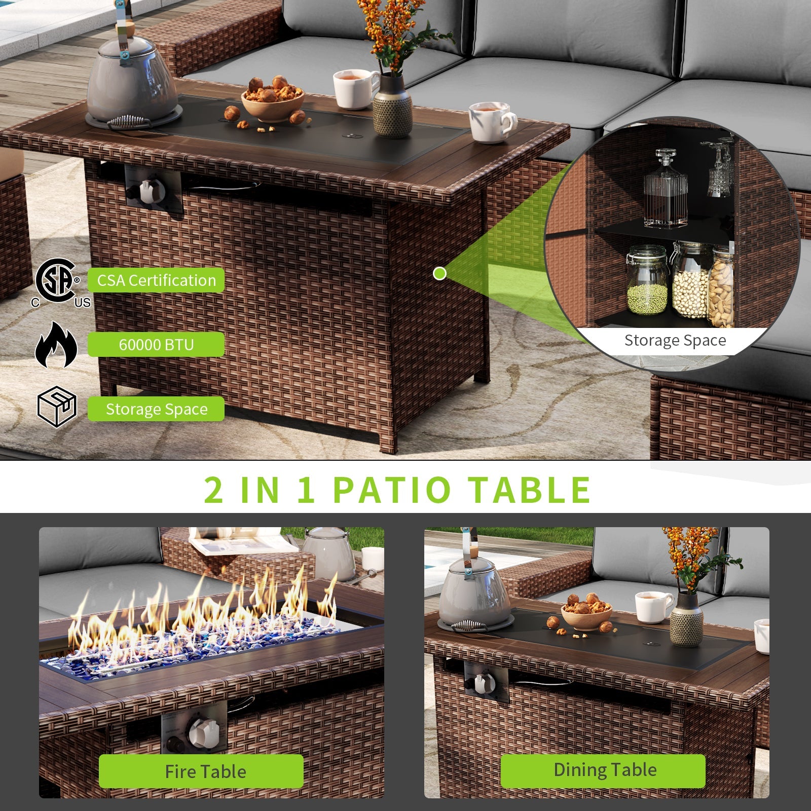 7 Piece Patio Furniture Set with 44'' Fire Pit Table（Include Waterproof Cover）, Outdoor Sectional Sofa, PE Rattan Patio Conversation Set with Red Cushion and Coffee Table-Gray
