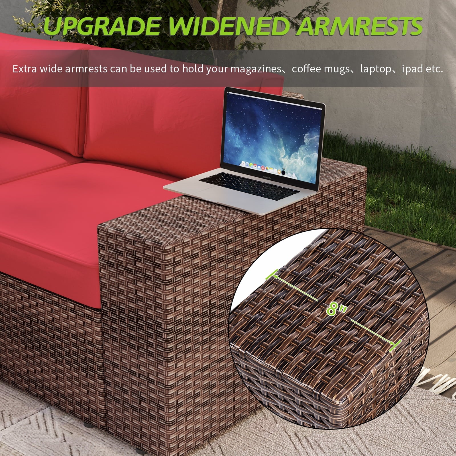 7 Piece Patio Furniture Set with 44'' Fire Pit Table（Include Waterproof Cover）, Outdoor Sectional Sofa, PE Rattan Patio Conversation Set with Red Cushion and Coffee Table-Red