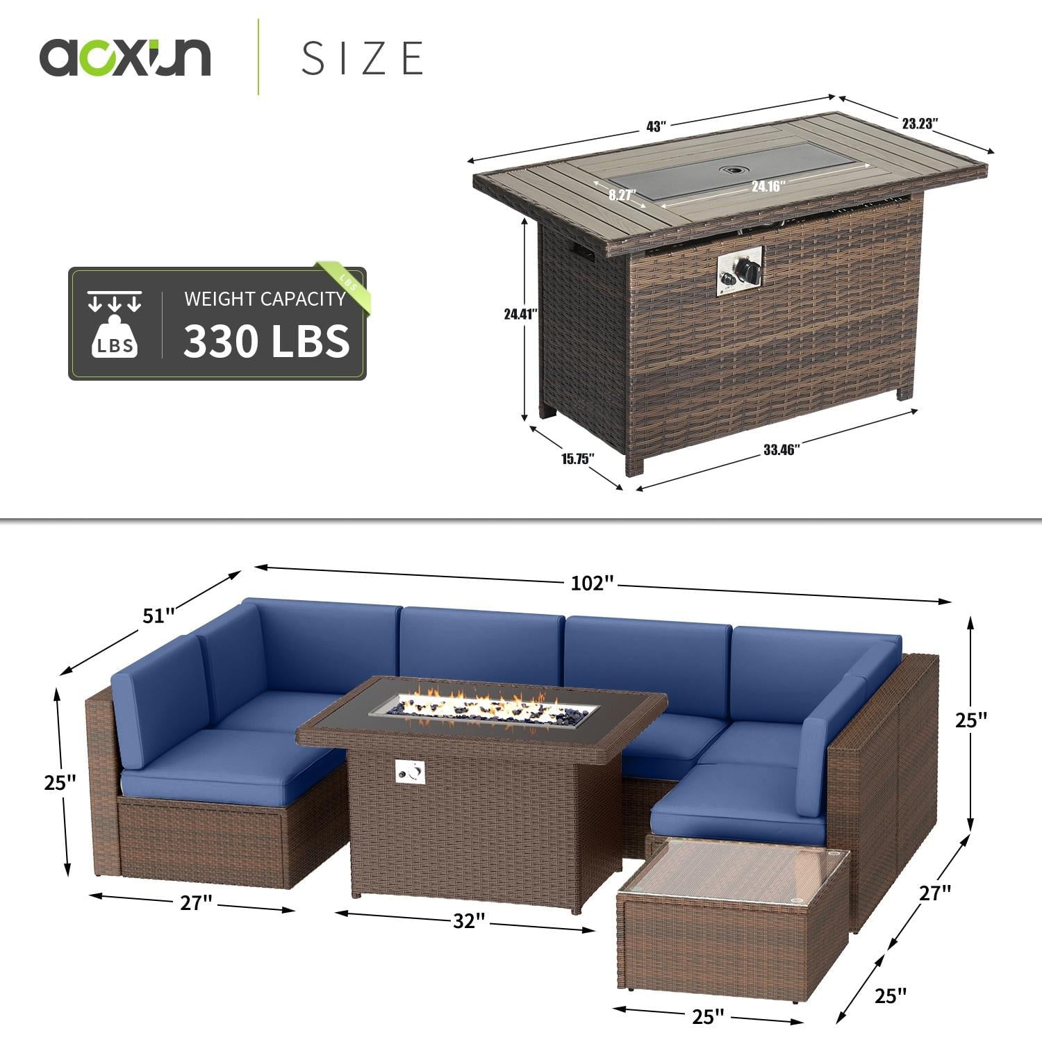 8 PCS Outdoor Patio Furniture Set with 44-inch Fire Pit Table, Blue Cushions