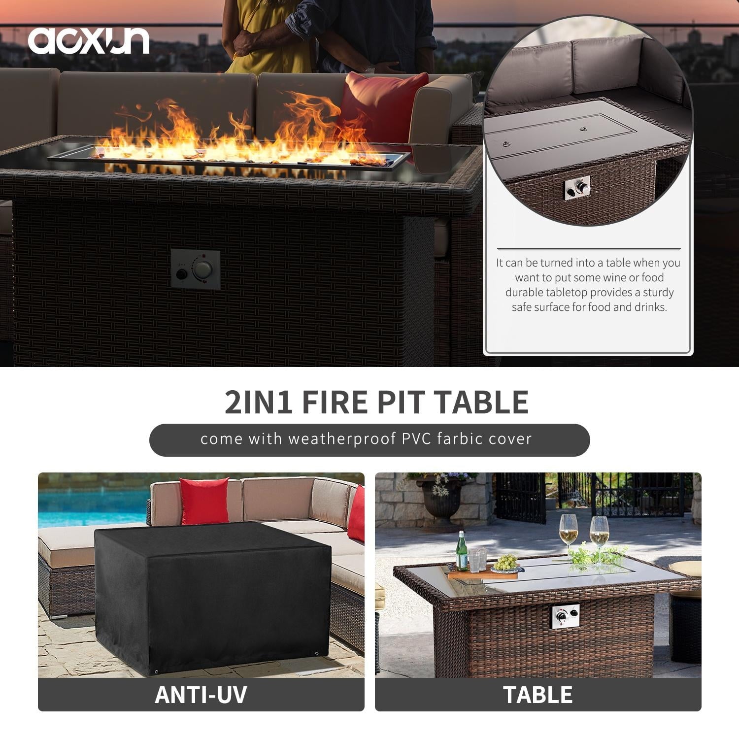 8 PCS Outdoor Patio Furniture Set with 44-inch Fire Pit Table, Blue Cushions