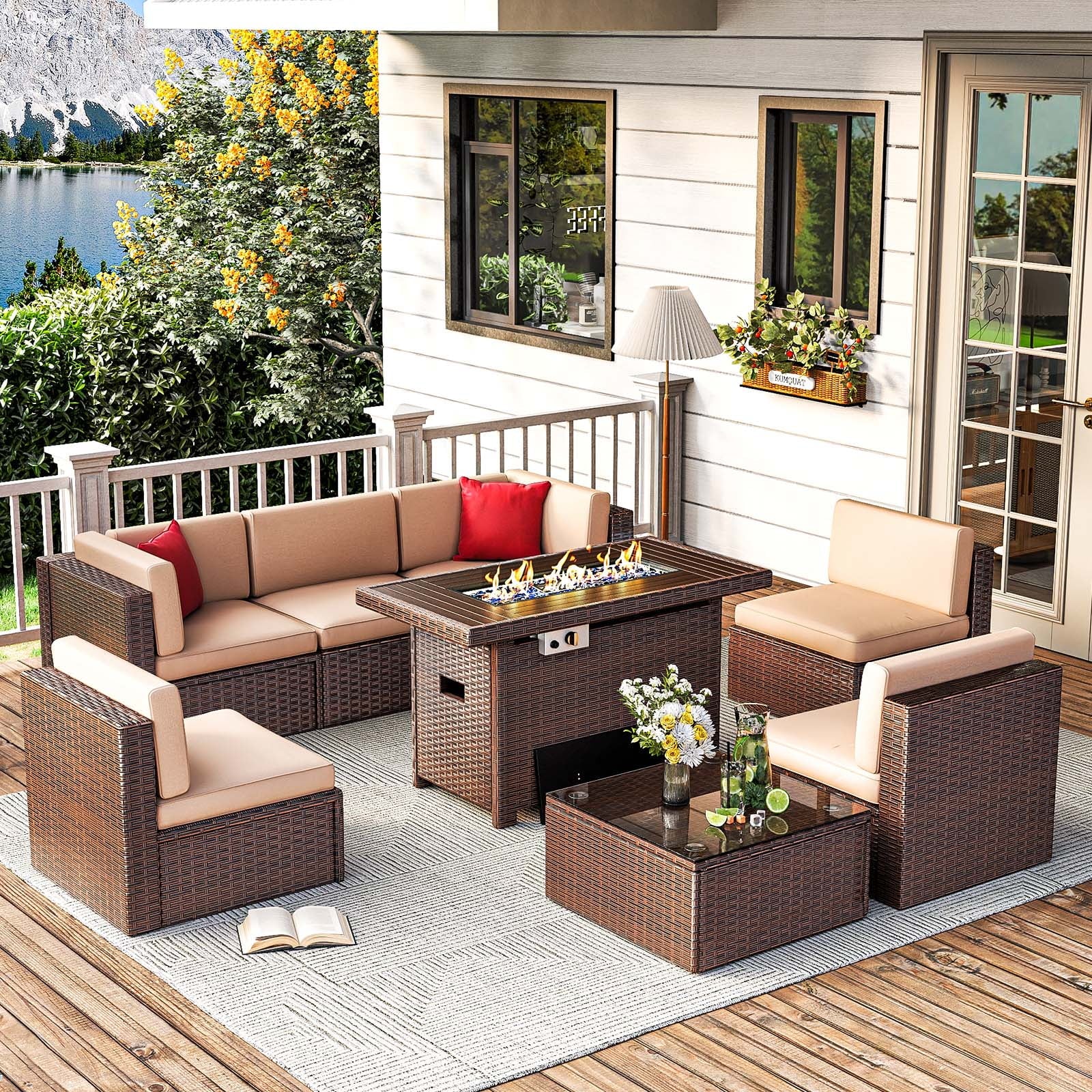 8 Pcs Patio Conversation Sets with Fire Pit Table,Patio Furnituire Sets,Brown
