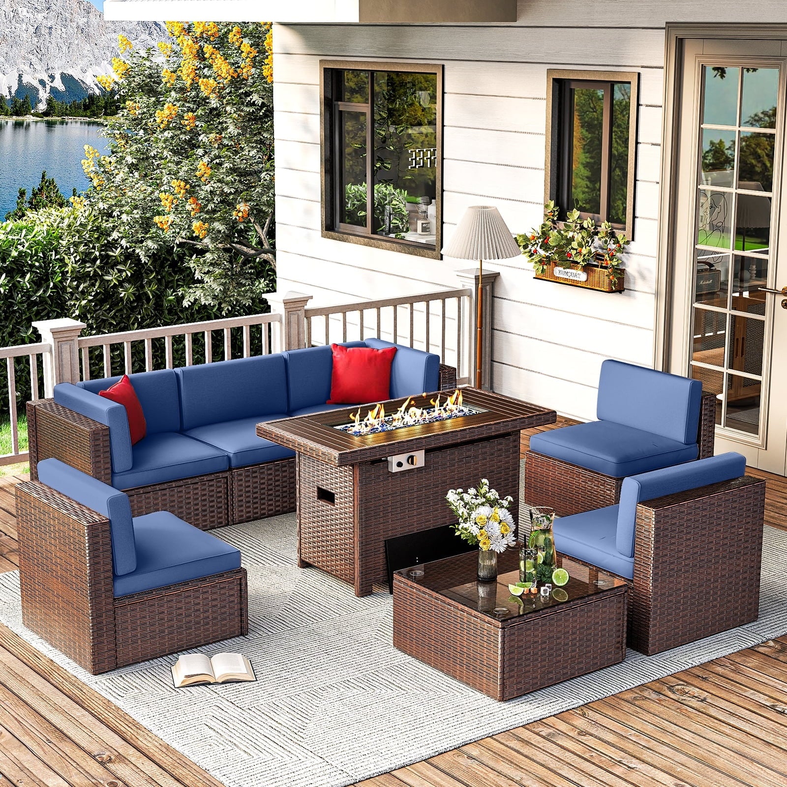 8 Pcs Patio Conversation Sets with Fire Pit Table,Patio Furnituire Sets,Blue