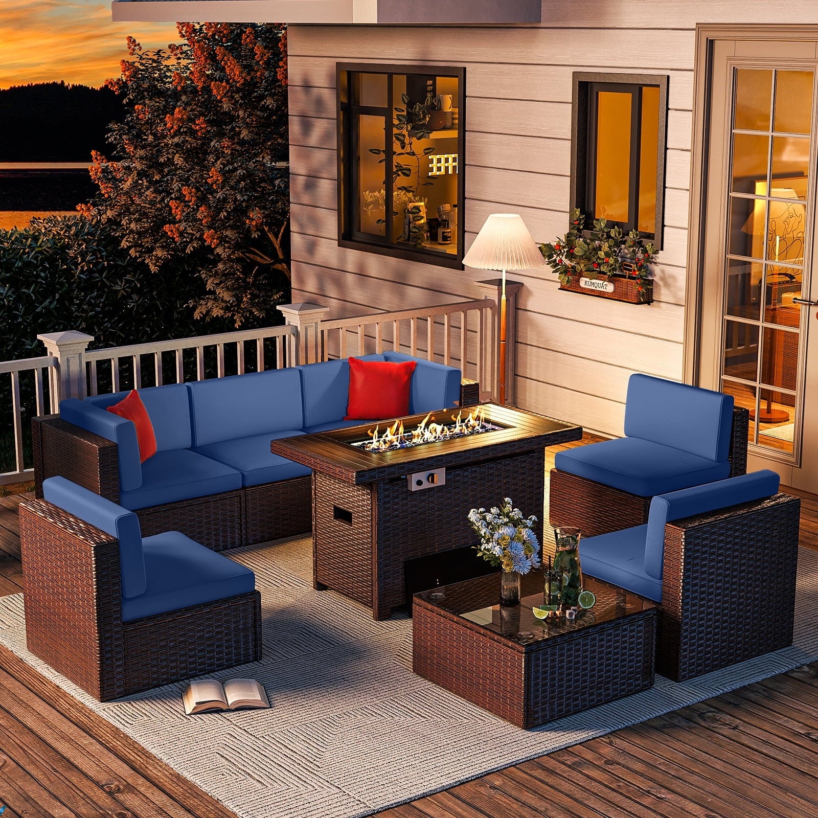 8 Pcs Patio Conversation Sets with Fire Pit Table,Patio Furnituire Sets,Blue