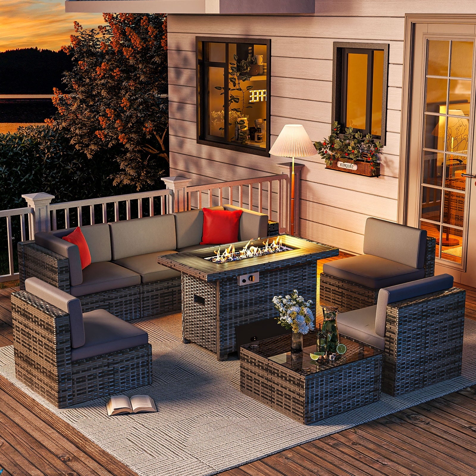 8 Pcs Patio Conversation Sets with Fire Pit Table,Patio Furnituire Sets,Gray