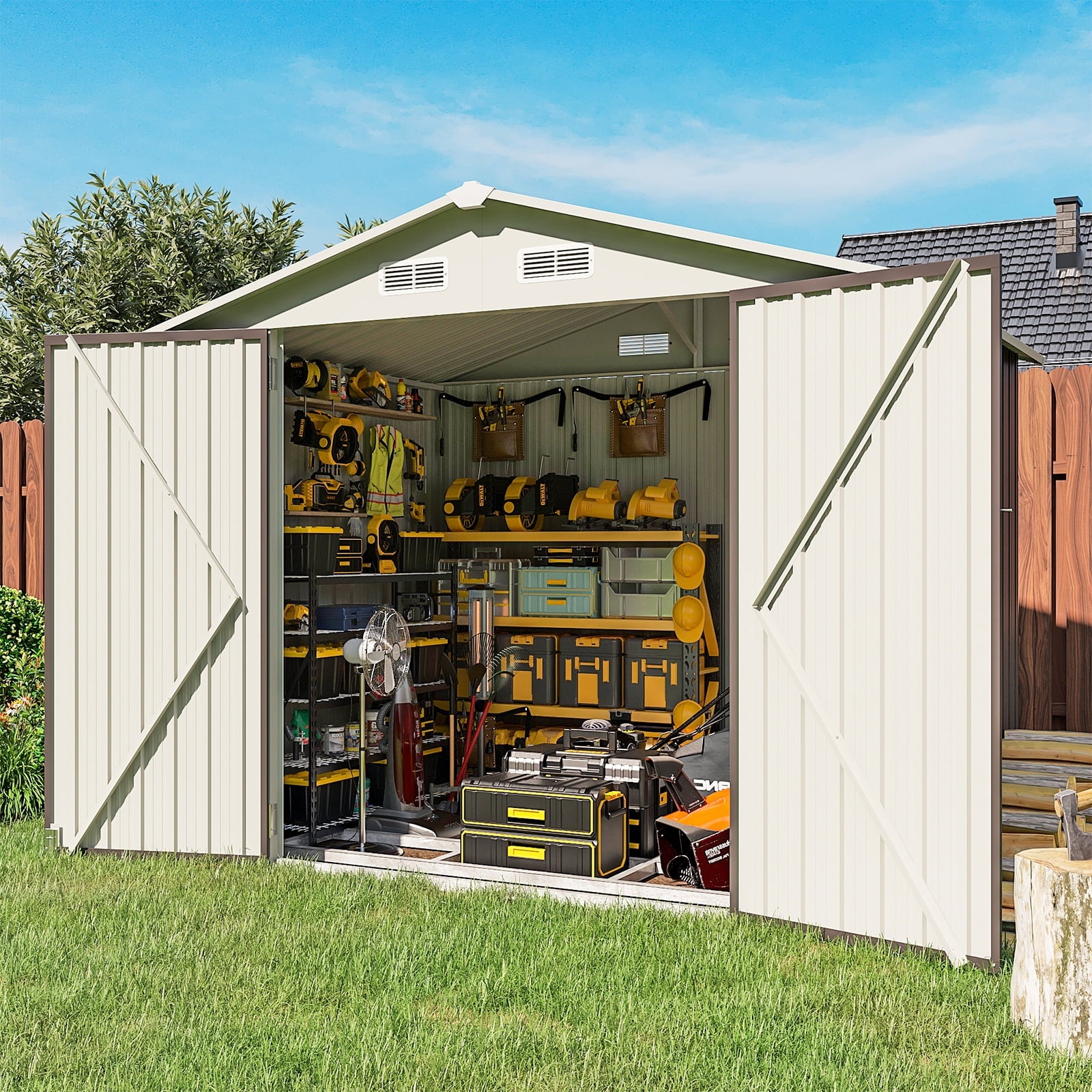 8’x 6’ Outdoor Storage Shed with Base Frame, Metal Garden Tool Shed with Lockable Door, Galvanized Steel Shed for Backyard, Lawn and Patio, Black