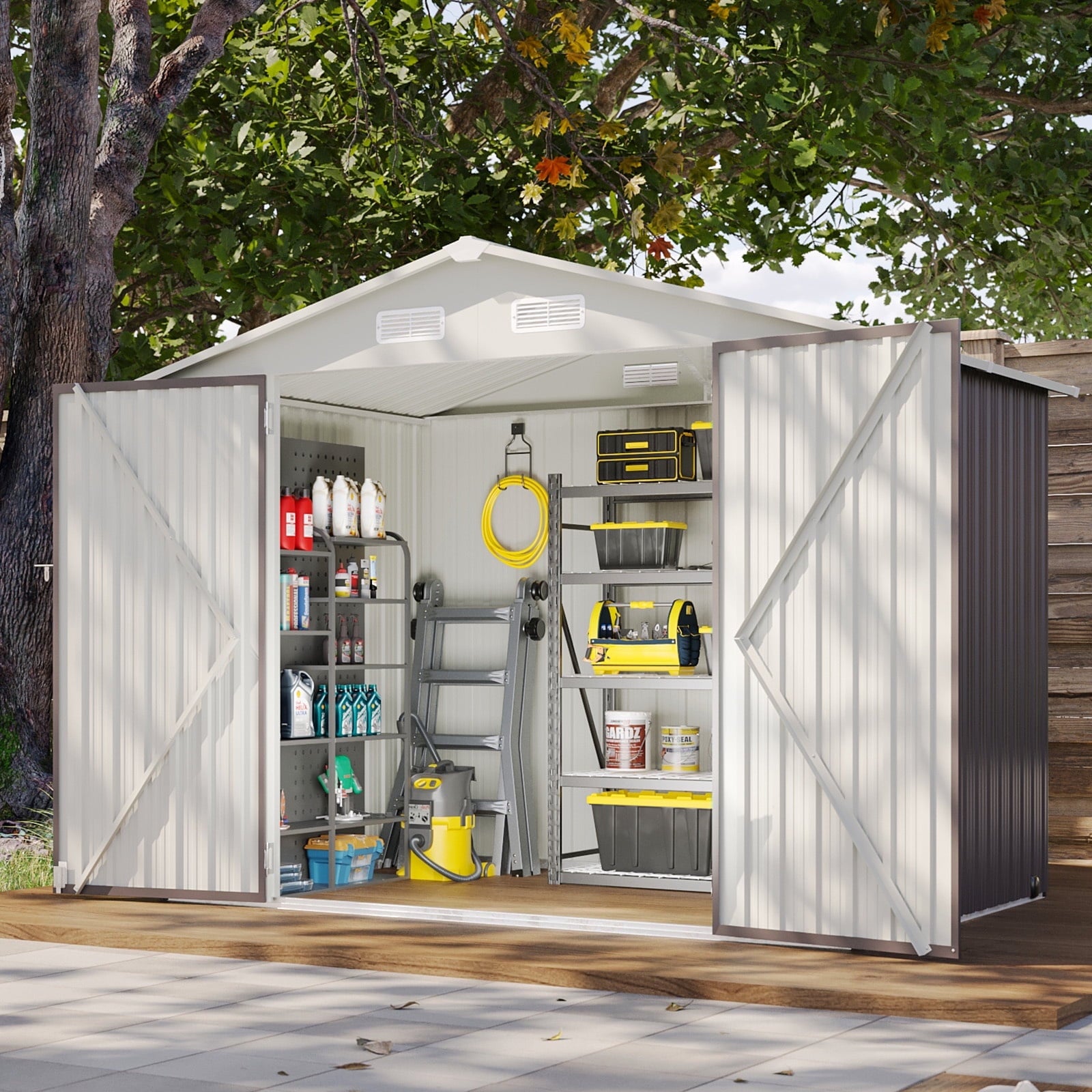 7.8’x 5.7’ Outdoor Storage Shed, Metal Garden Tool Shed with Lockable Door, Galvanized Steel Shed for Backyard, Lawn and Patio, Gray