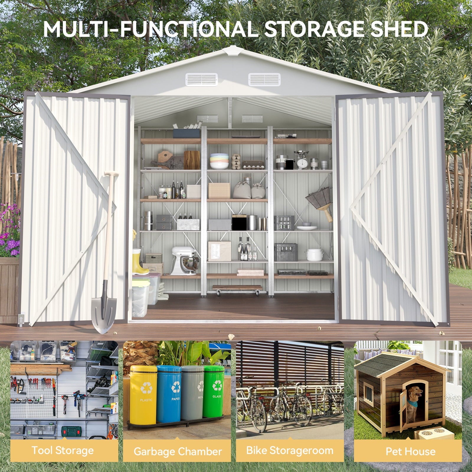 7.8’x 5.7’ Outdoor Storage Shed, Metal Garden Tool Shed with Lockable Door, Galvanized Steel Shed for Backyard, Lawn and Patio, Gray