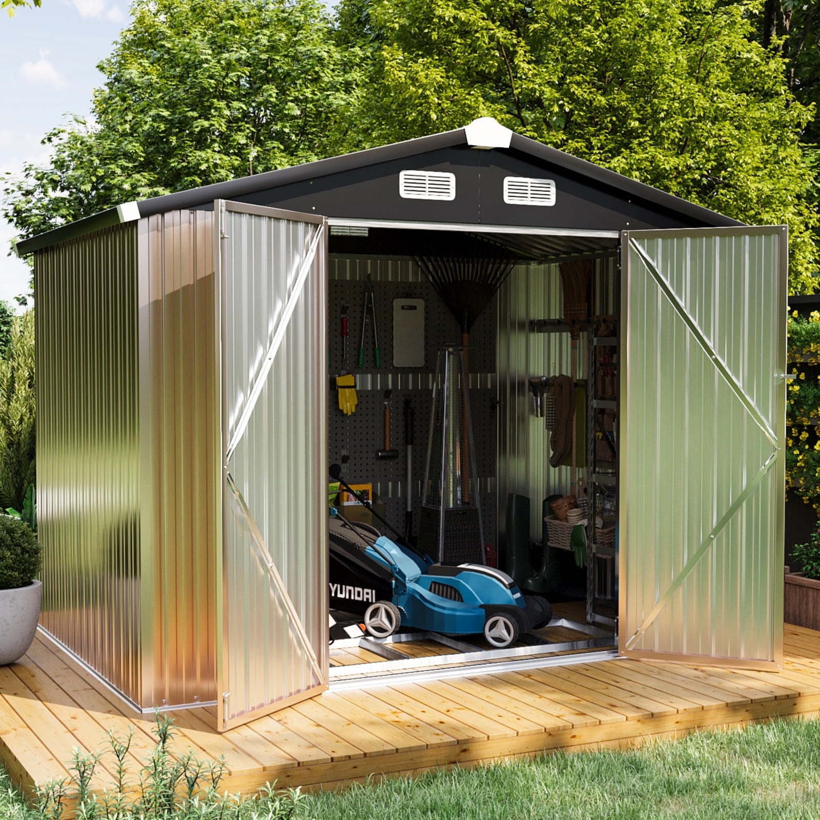 8.5' x 5.6' Outdoor Storage Shed with Base Frame, Metal Garden Shed with Door & Lock, Tool Storage Shed for Patio, Backyard(Floor not included)