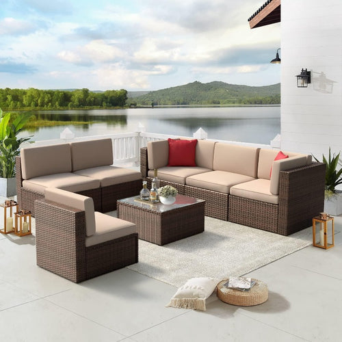 7 Pieces Outdoor Sectional Wicker Sofa Set with Waterproof Cushion, 2 Pillows and Glass Table, Brown