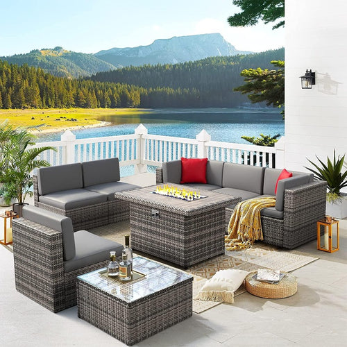 8 Pieces Patio Wicker Sofa Set with 40" Fire Pit Table, Grey