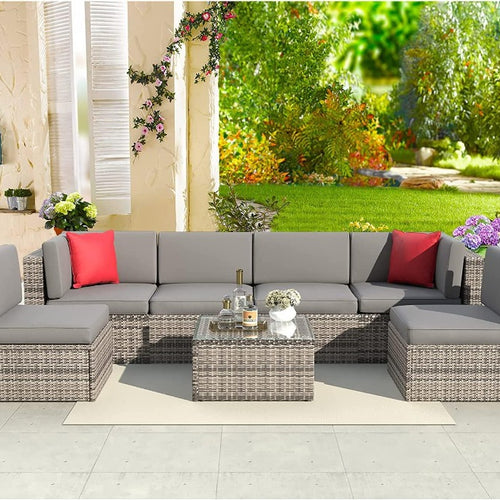 7 Pieces Wicker Patio Sofa Sets with Washable Cushions & Glass Coffee Table, Grey
