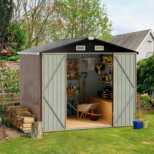 4 x 6.4 ft Utility Metal Shed without Base, Galvanized Steel Tool Storage Shed with Air Vent and Lockable Door